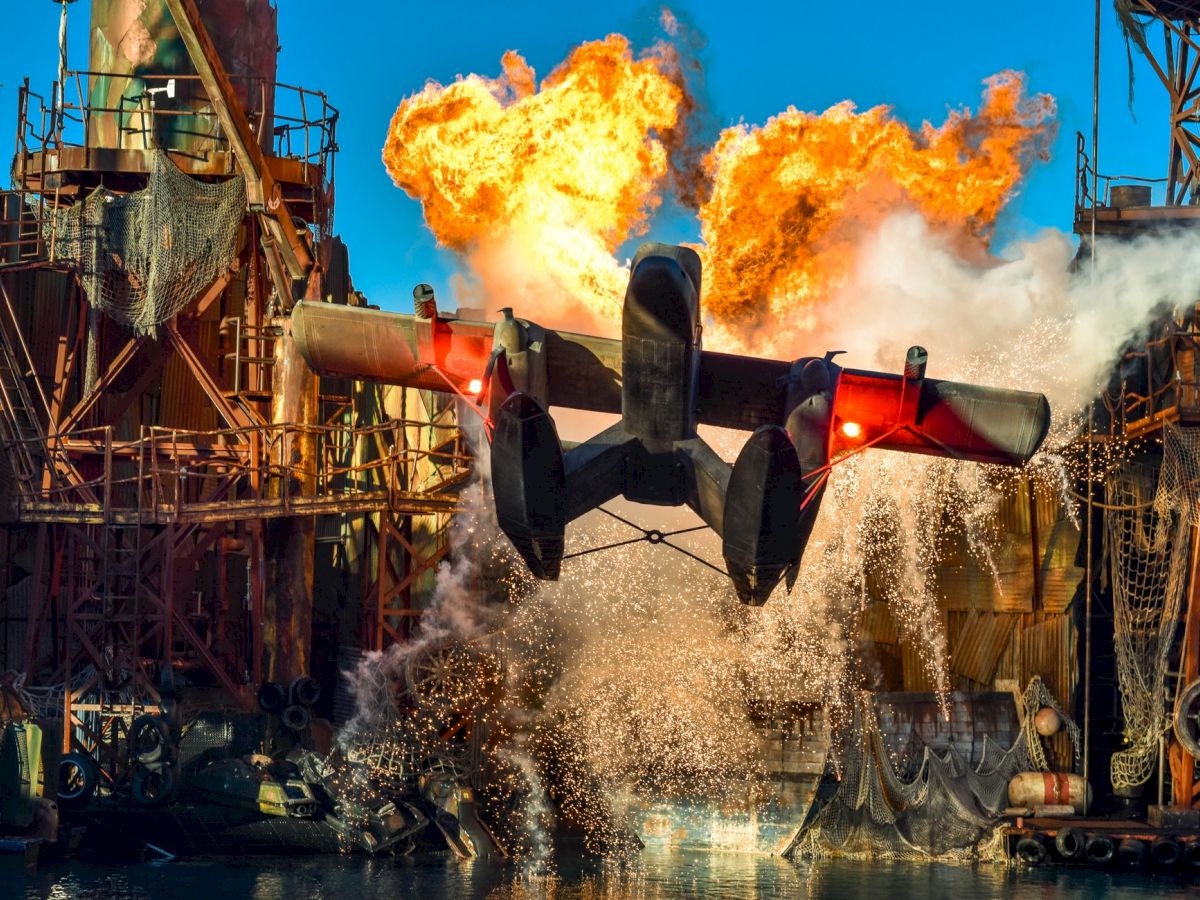 A seaplane takes off amidst explosions and water splashes in an industrial, rugged environment, creating a dramatic, action-packed scene.