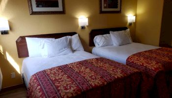 The image shows a hotel room with two neatly made beds, each with red and gold patterned bedspreads. Two framed pictures are on the wall.